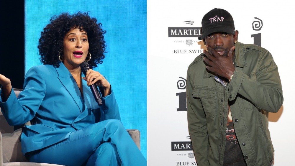 Immagine divisa di Tracee Ellis Ross seduta e parla in abito blu, Bu Thiam in giacca verde e cappello nero con un'espressione sorpresa