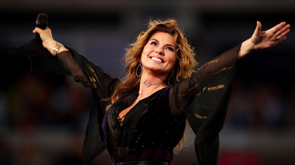 Shania Twain sorridente sul palco con le braccia tese