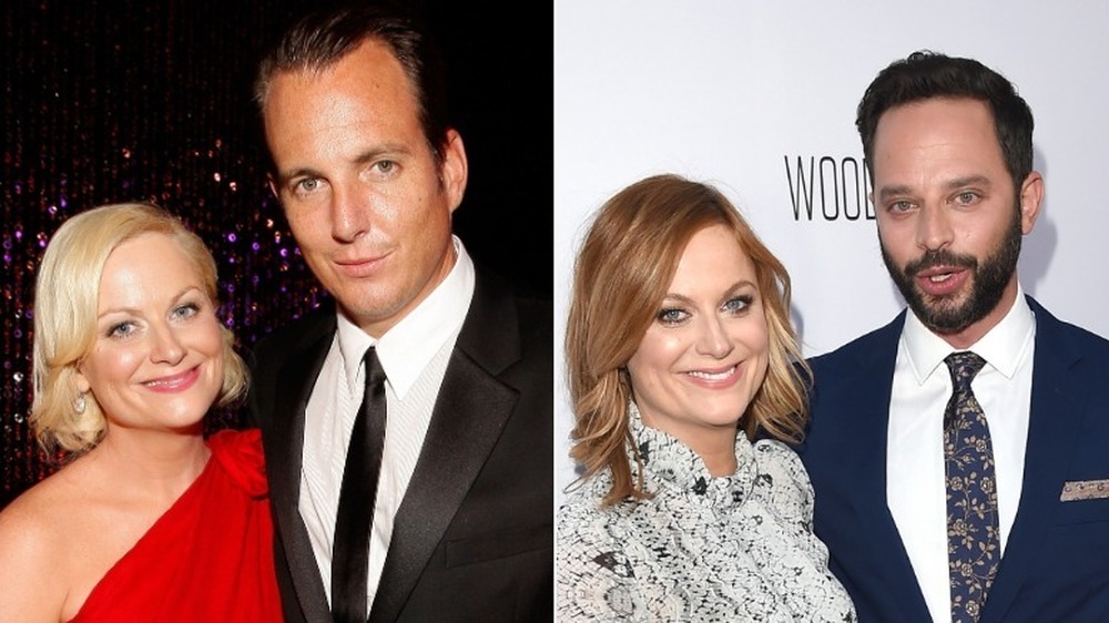 Amy Poehler e Will Arnett sorridono (a sinistra), Amy Poehler e Nick Kroll sorridono (a destra)