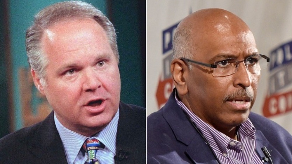 Rush Limbaugh parlando con rabbia (a sinistra), Michael Steele aggrottando la fronte (a destra)