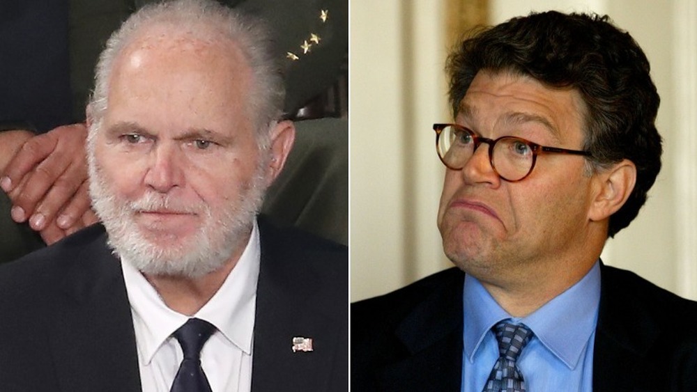 Rush Limbaugh con le lacrime agli occhi (a sinistra), Al Franken sorride (a destra)