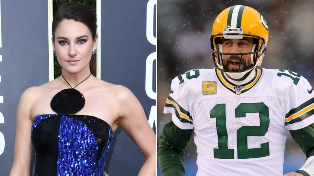 Shailene Woodley sul tappeto rosso e Aaron Rodgers che giocano a calcio in un'immagine divisa