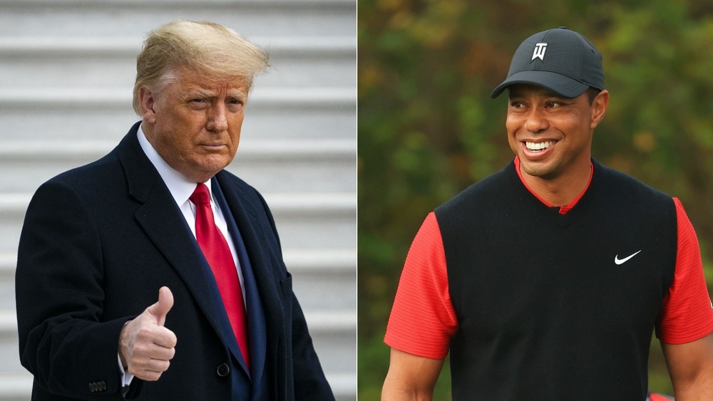 Donald Trump posa e Tiger Woods sorride 