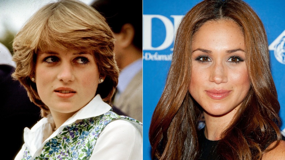 La principessa Diana guarda di lato (a sinistra), Meghan Markle sorride (a destra)