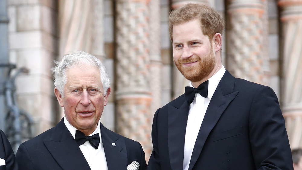 Il principe Carlo e il principe Harry sorridono in smoking 