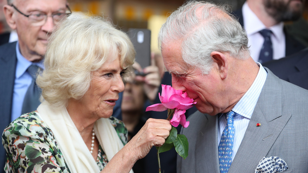 Camilla, duchessa di Cornovaglia, tiene in mano un fiore da annusare al principe Carlo