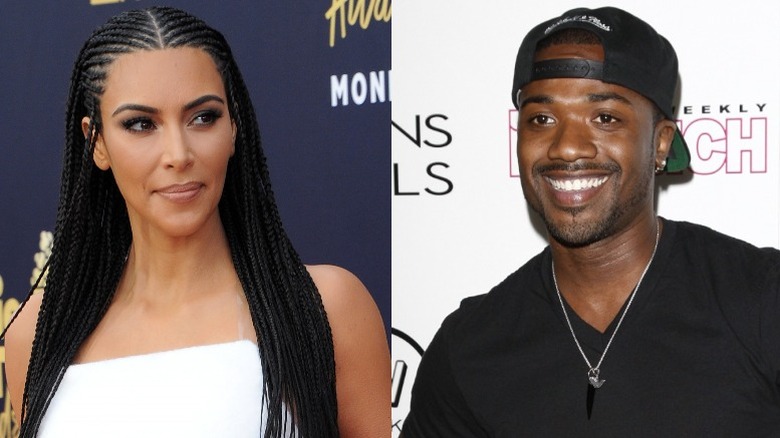 Kim Kardashian trecce (a sinistra), Ray J sorridente (a destra)