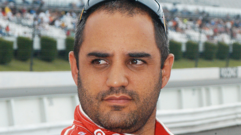 Juan Pablo Montoya reagisce dopo aver terminato una gara