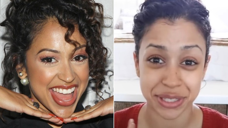 Liza Koshy con le mani sotto il mento e sorridente senza trucco