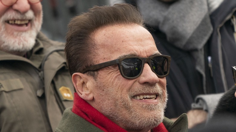 Arnold Schwarzenegger sorride con gli occhiali da sole