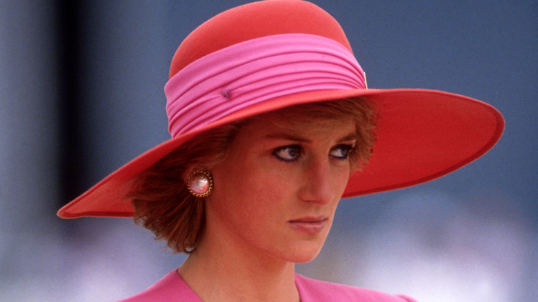 La principessa Diana a un evento, dall'aspetto solenne, cappello rosa e rosso