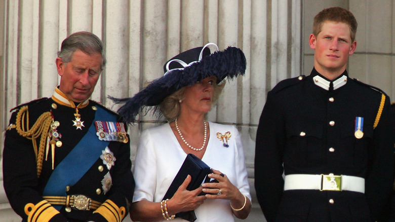 Re Carlo, la regina Camilla e il principe Harry in piedi