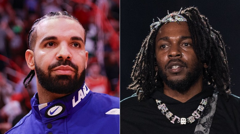 Drake accigliato e Kendrick Lamar che guarda fuori