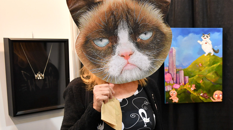 Persona che copre il viso con una maschera da gatto