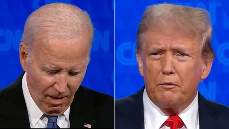 Joe Biden con lo sguardo basso, Donald Trump con la bocca all'ingiù