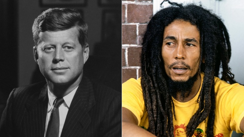 Immagine divisa di JFK, a sinistra, e Bob Marley, a destra