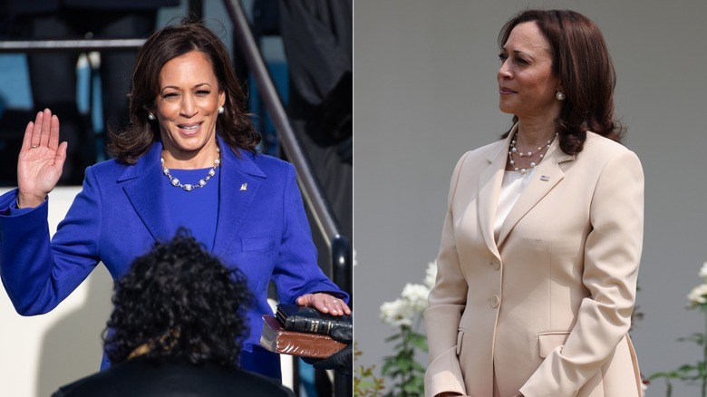 Kamala Harris in blazer con perle