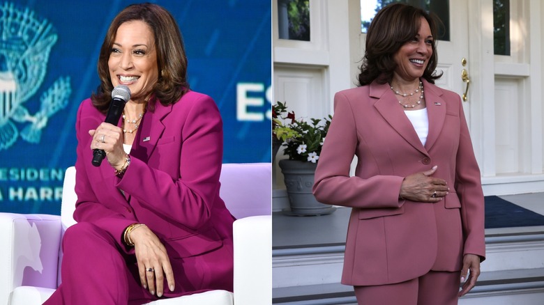 Kamala Harris in abiti viola-rosa