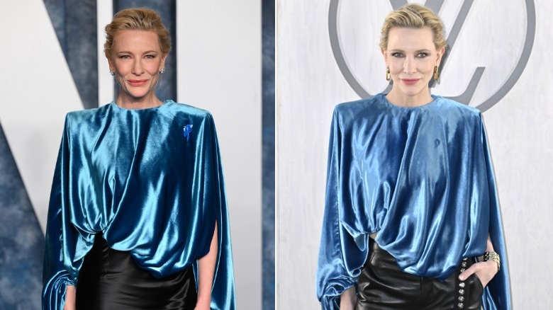 Cate Blanchett in top drappeggiato blu