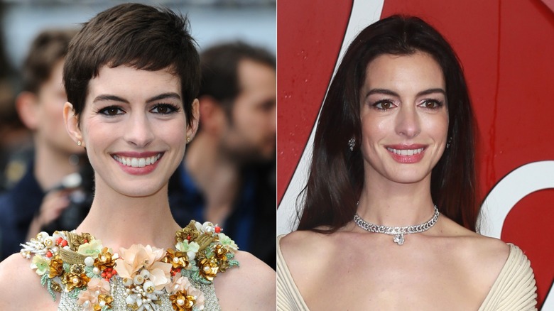 Anne Hathaway abito floreale con capelli corti 