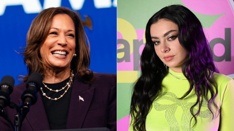 Un'immagine divisa di Kamala Harris e Charli XCX