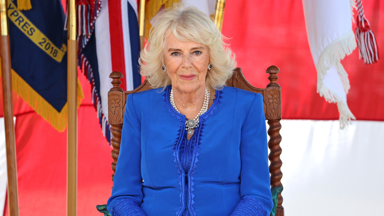 La regina Camilla, che sorride mentre è seduta