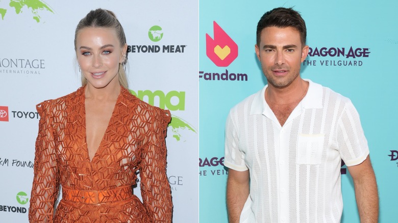 Julianne Hough indossa un abito di maglia arancione, a sinistra, e Jonathan Bennett indossa una camicia a righe bianche con bottoni, a destra