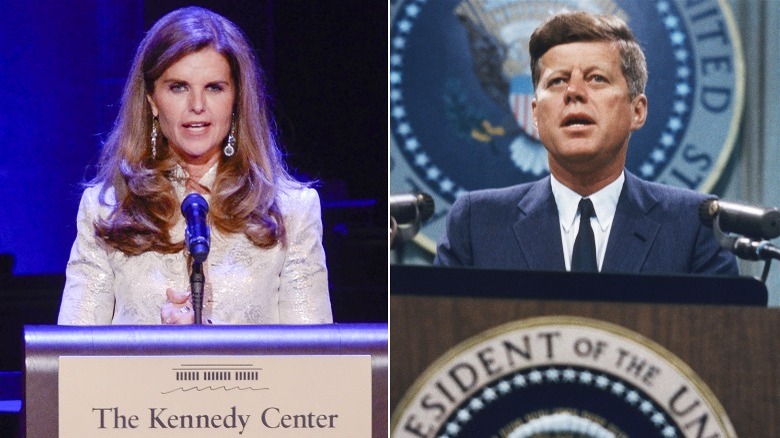 Maria Shriver parla al Kennedy Center Podium e John F. Kennedy parla di fronte al podio presidenziale