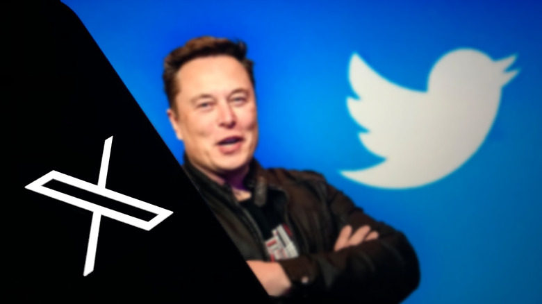 Foto di Elon Musk con i loghi X e Twitter