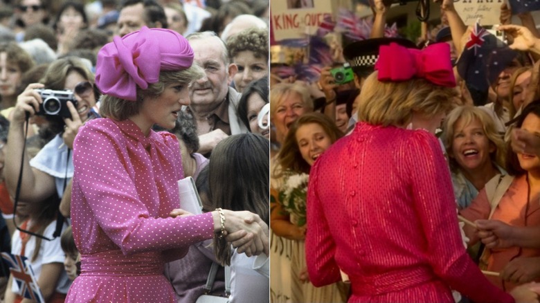 La principessa Diana nella vita reale e nel completo rosa shocking di The Crown