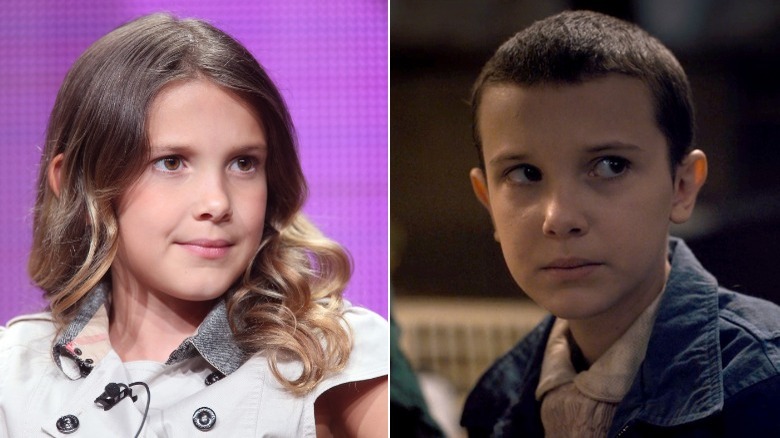 Millie Bobby Brown prima di radersi la testa (a sinistra) e dopo (a destra)