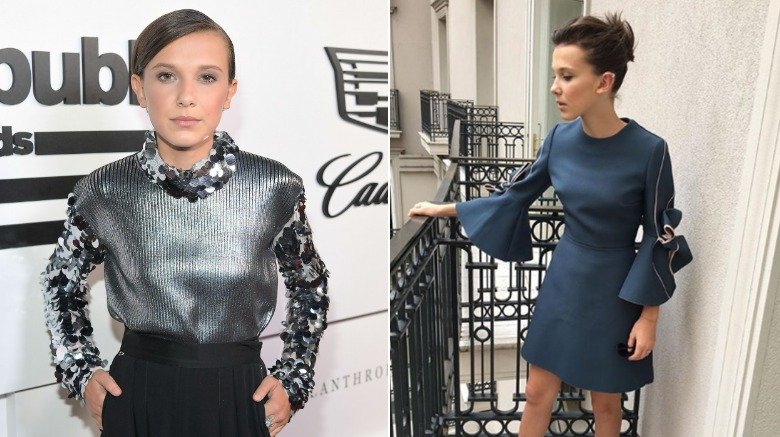 Millie Bobby Brown all'after party degli MTV VMAs del 2017, posa con un abito blu su Instagram