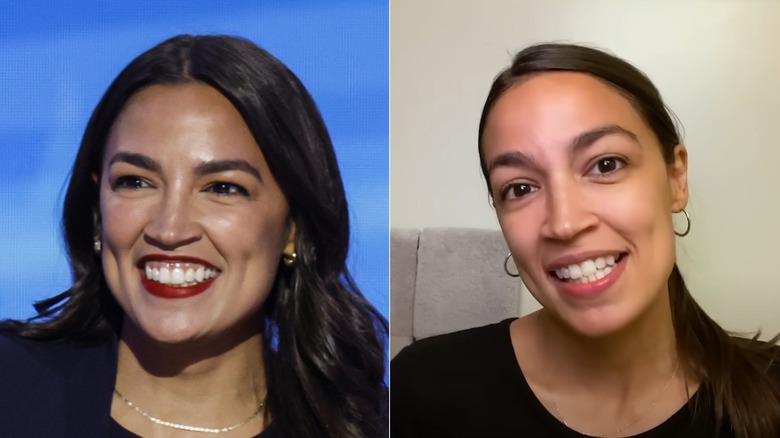 Alexandria Ocasio-Cortez con rossetto rosso, senza trucco