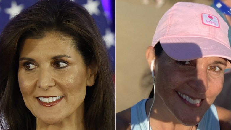 Immagine divisa di Nikki Haley con rossetto rosso e con indosso un cappello