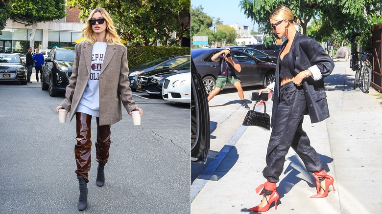 Hailey Bieber con blazer oversize dallo stile street