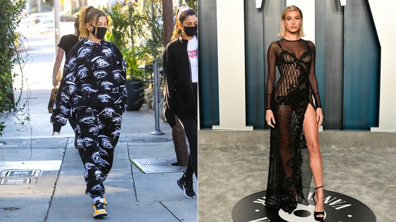 Hailey Bieber indossa pantaloni della tuta e moda glamour