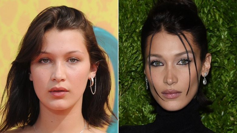 Foto affiancate di Bella Hadid in posa prima e dopo il suo lavoro al naso