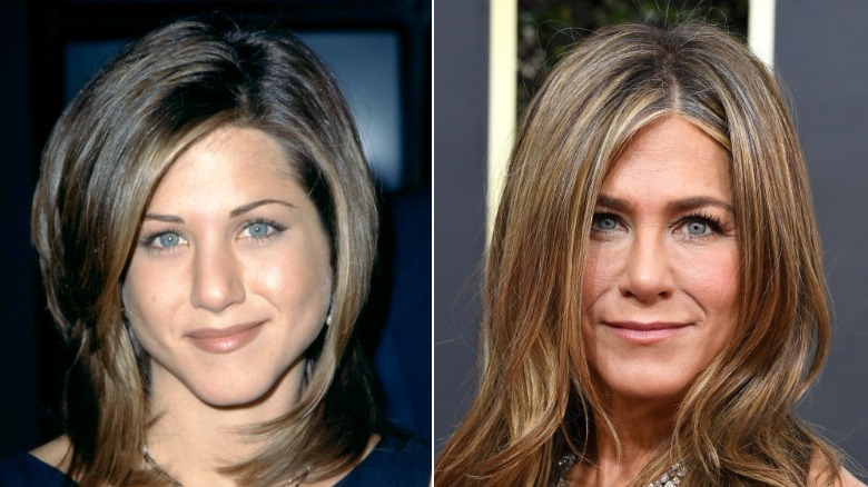 Foto affiancate di Jennifer Aniston sorridente prima e dopo il suo lavoro al naso