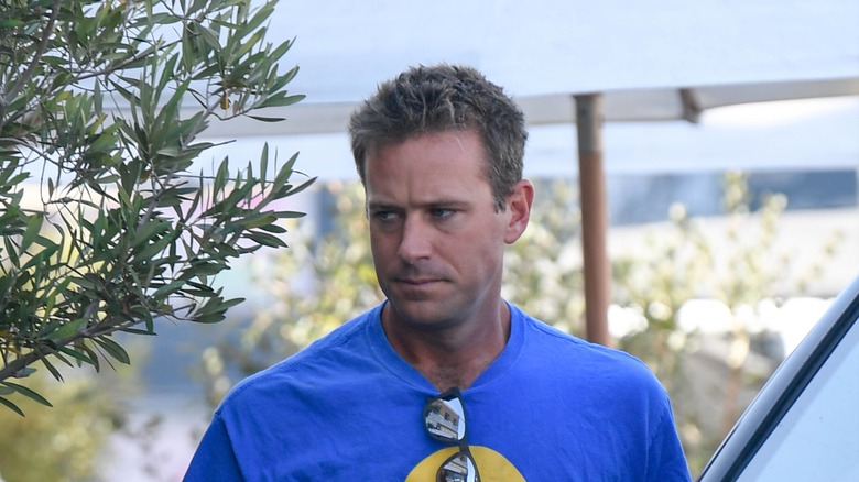 Armie Hammer indossa un maglione a fantasia blu e giallo