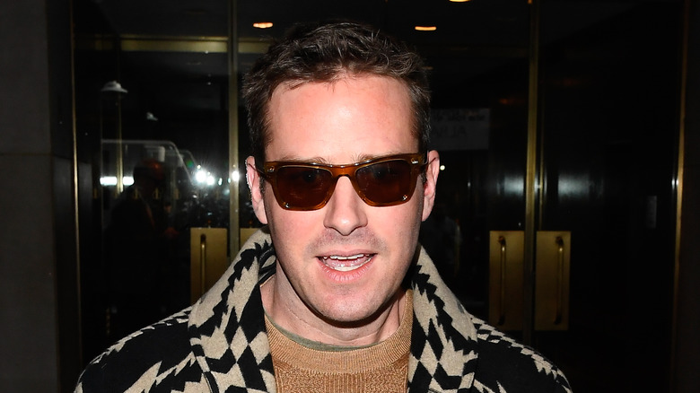 Armie Hammer indossa occhiali da sole colorati, una giacca fantasia e un maglione marrone chiaro