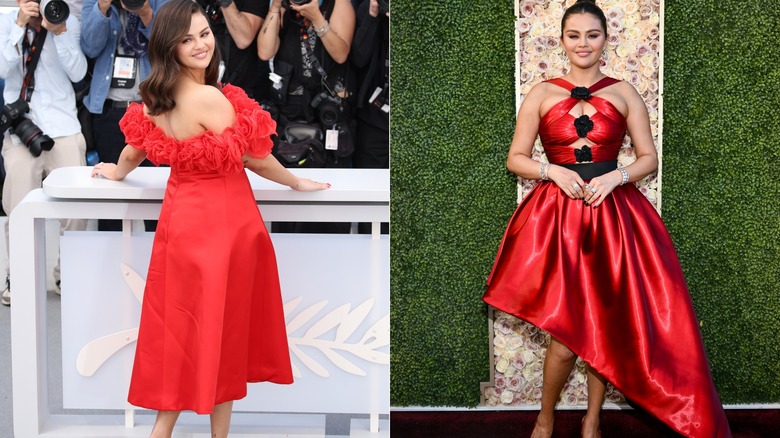 Selena Gomez indossa abiti rossi sui red carpet nel 2024.