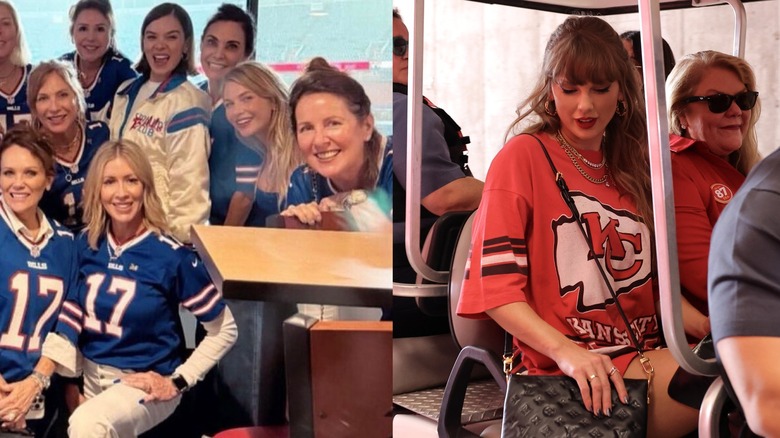 Fianco a fianco di Hailee Steinfeld con una giacca bianca dei Buffalo Bills e Taylor Swift con una maglia rossa dei Kansas City Chiefs.