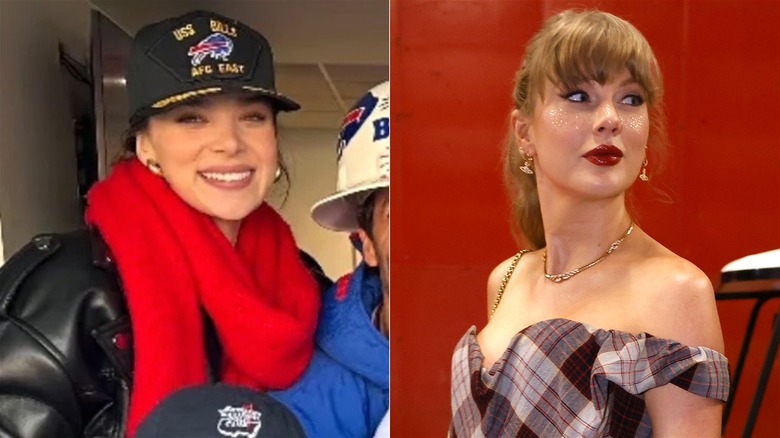 Foto affiancate di Hailee Steinfeld con un berretto nero dei Buffalo Bills e Taylor Swift con un corsetto scozzese.