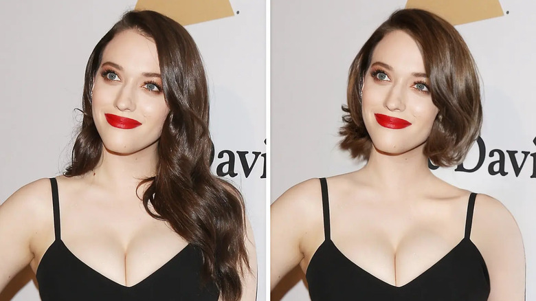 Immagine divisa di Kat Dennings con i capelli lunghi e corti