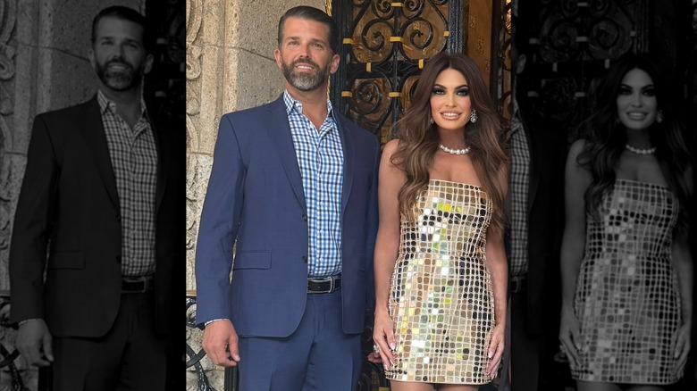 Donald Trump Jr. indossa un blazer blu e Kimberly Guilfoyle indossa un mini abito a specchio