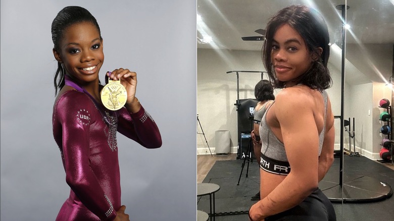 Gabby Douglas posa con la medaglia, in palestra