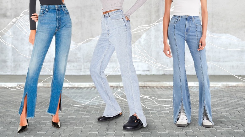 Tre donne che indossano jeans con l'orlo spaccato